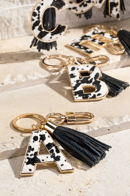 Cow Print Initial Key Chain