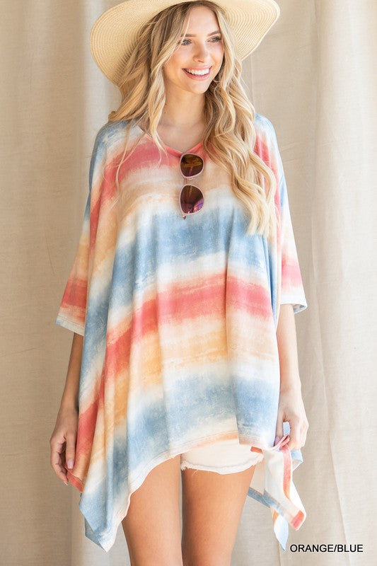 Orange/Blue Striped Tie Dye Poncho Top