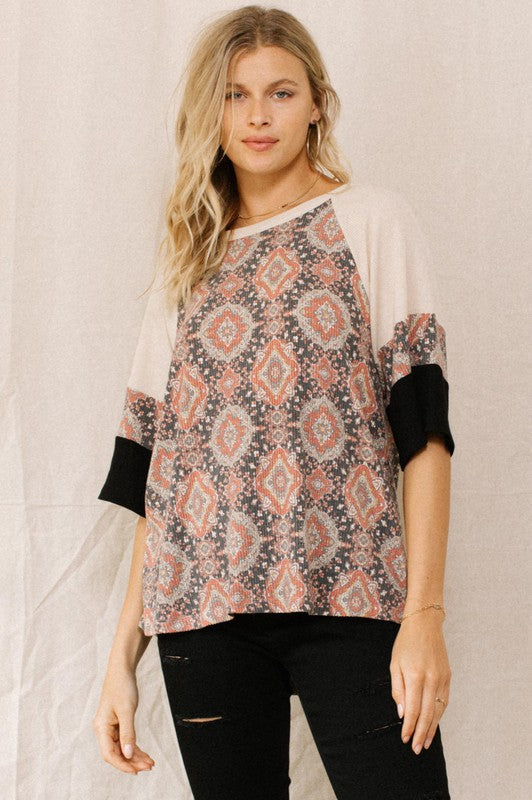 Charcoal Geometric Printed Rib Knit Top