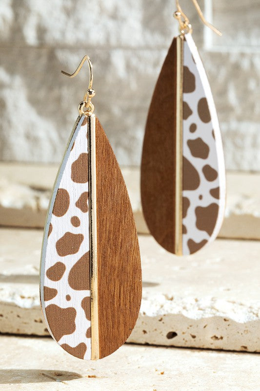 Wood and Cow Print Earring