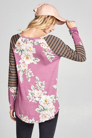 Mauve Floral Striped Raglan Sleeve Top