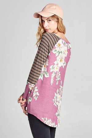 Mauve Floral Striped Raglan Sleeve Top