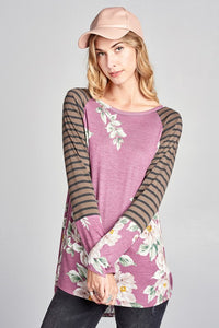 Mauve Floral Striped Raglan Sleeve Top
