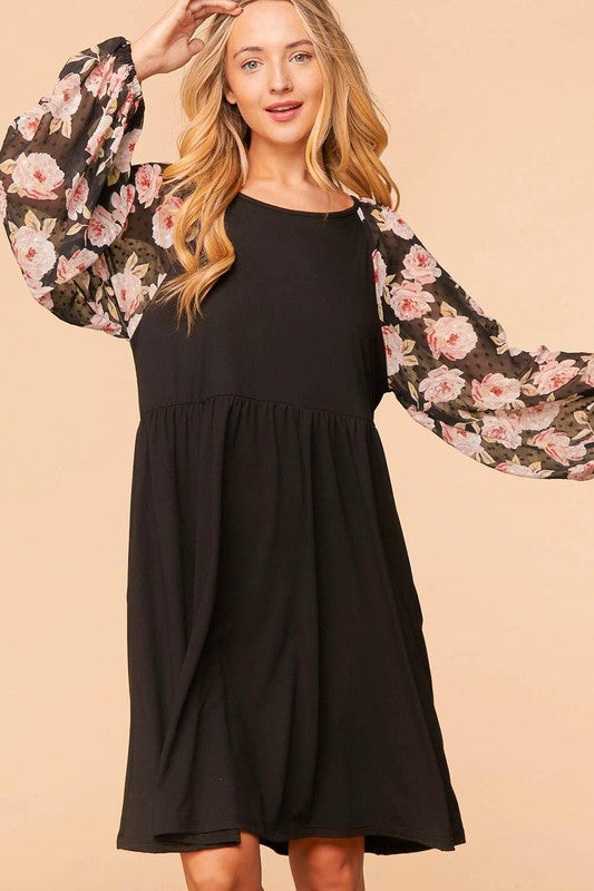 Black Floral Sleeve Dress with pockets