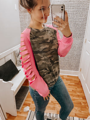 Camo Sweater with Pink Cut Sleeves