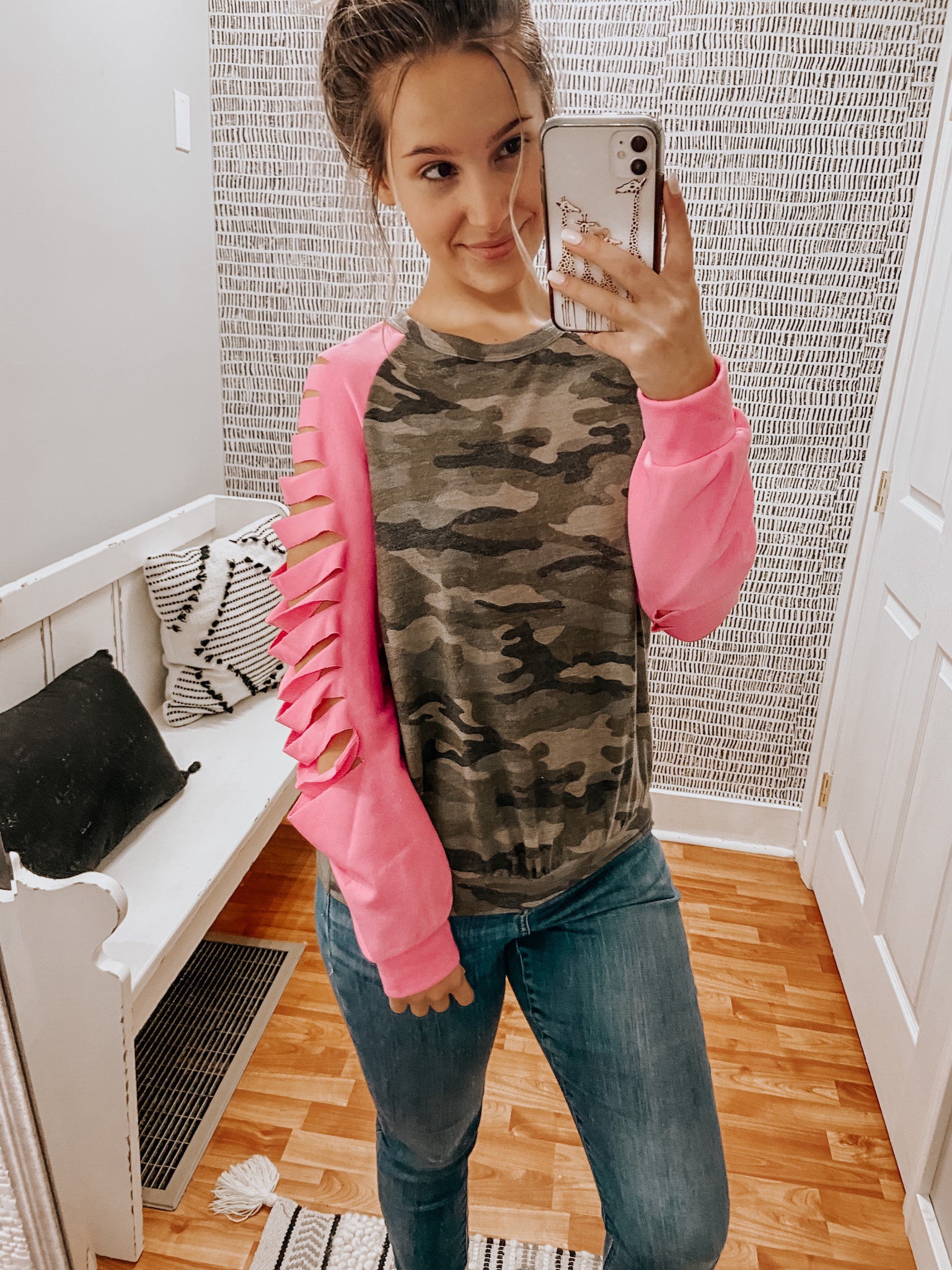 Camo Sweater with Pink Cut Sleeves