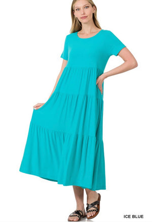 Short Sleeve Tiered Midi Dress