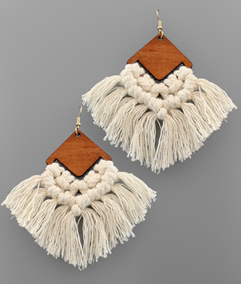 Wooden Rhombus & Tassel Earring