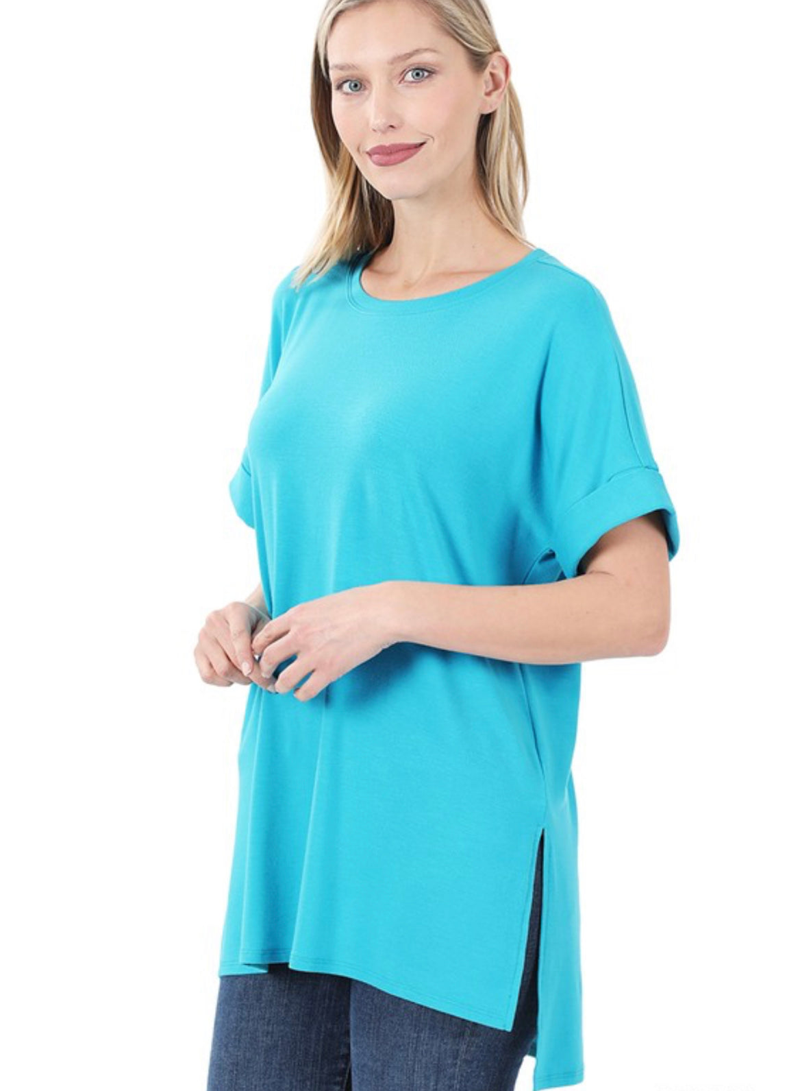 Solid Rolled Sleeve Top