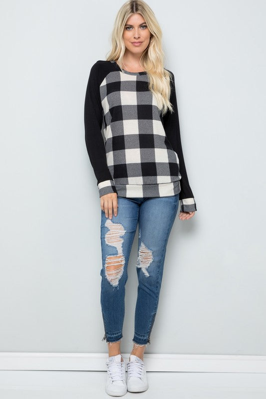 Plaid Solid Contrast Long Sleeve Top