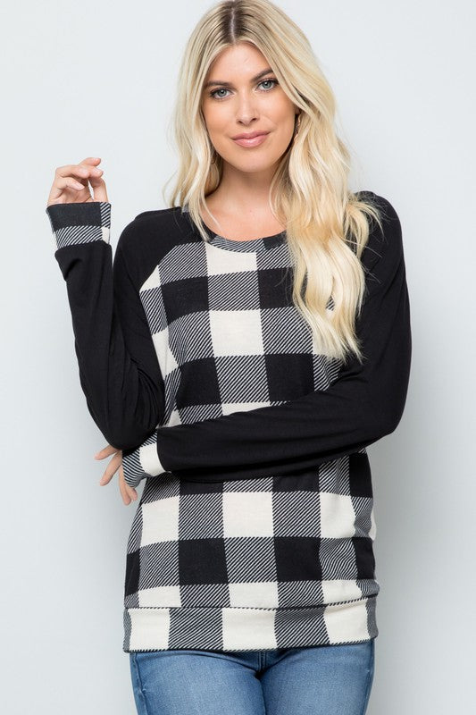 Plaid Solid Contrast Long Sleeve Top