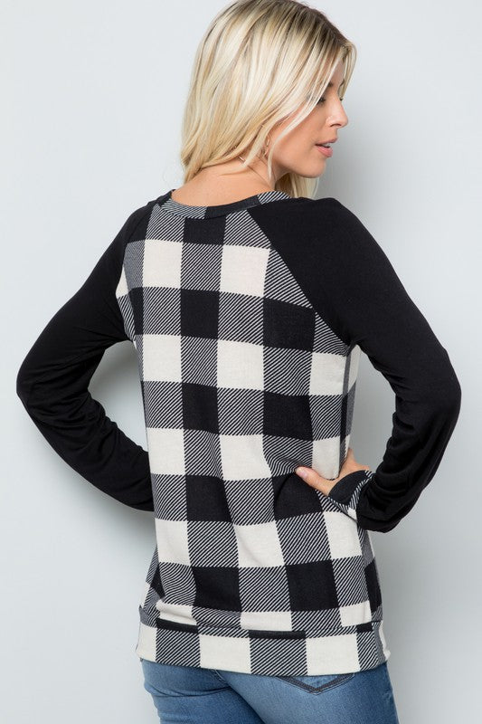 Plaid Solid Contrast Long Sleeve Top