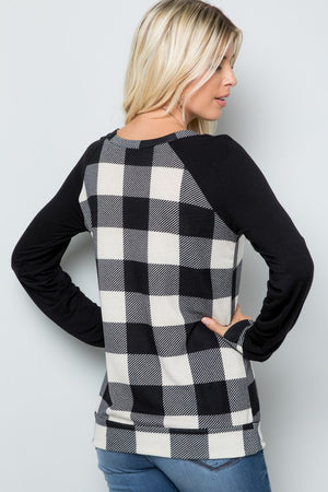 Plaid Solid Contrast Long Sleeve Top