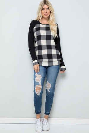 Plaid Solid Contrast Long Sleeve Top